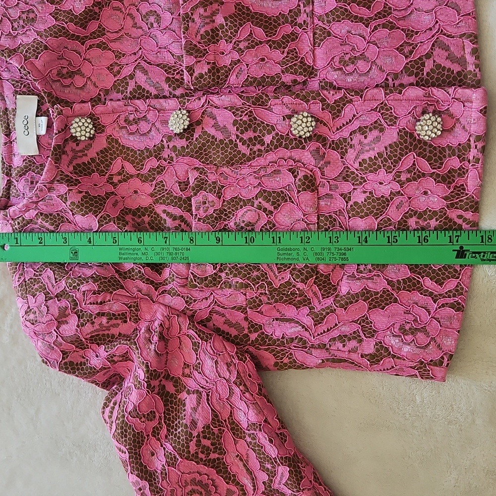 CeCe Antique Olive W/Pink Lace/ Rhinestone Button Cropped Collarless Jacket: XS - Picture 14 of 16